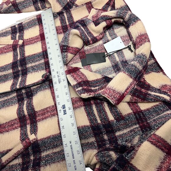 Blank NYC Jacket WMNS M Cream Wool Blend Oversized Burgundy Plaid Trench Teddy - Picture 5 of 12